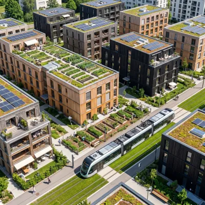 Vue aérienne de l'agro-quartier des Cherpines-Charrotons : intégration des terres agricoles et prolongement du tramway genevois.