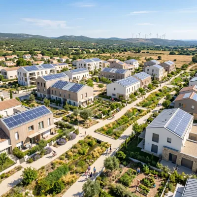 Infrastructures du quartier durable de Kronsberg à Hanovre : toitures solaires, éoliennes et gestion écologique des eaux pluviales.